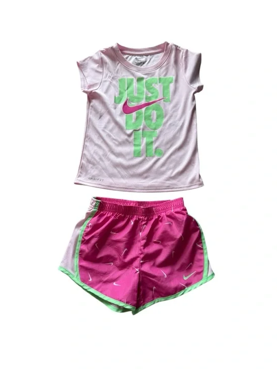 Nike Kids Pink Top and Fuchsia Shorts Matching Set with Lime Green Accents - Picture 1 of 8